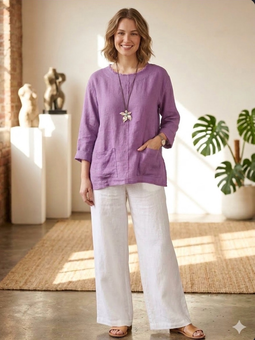 Luna Luz Tunic Top Women Lavender Lagenlook Oversized 100% Linen Raw Edge Pocket